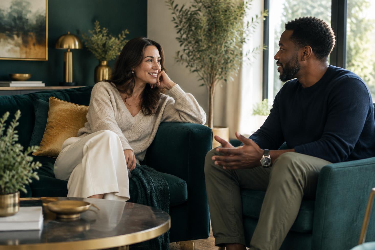 Two adults sharing a relaxed conversation at home