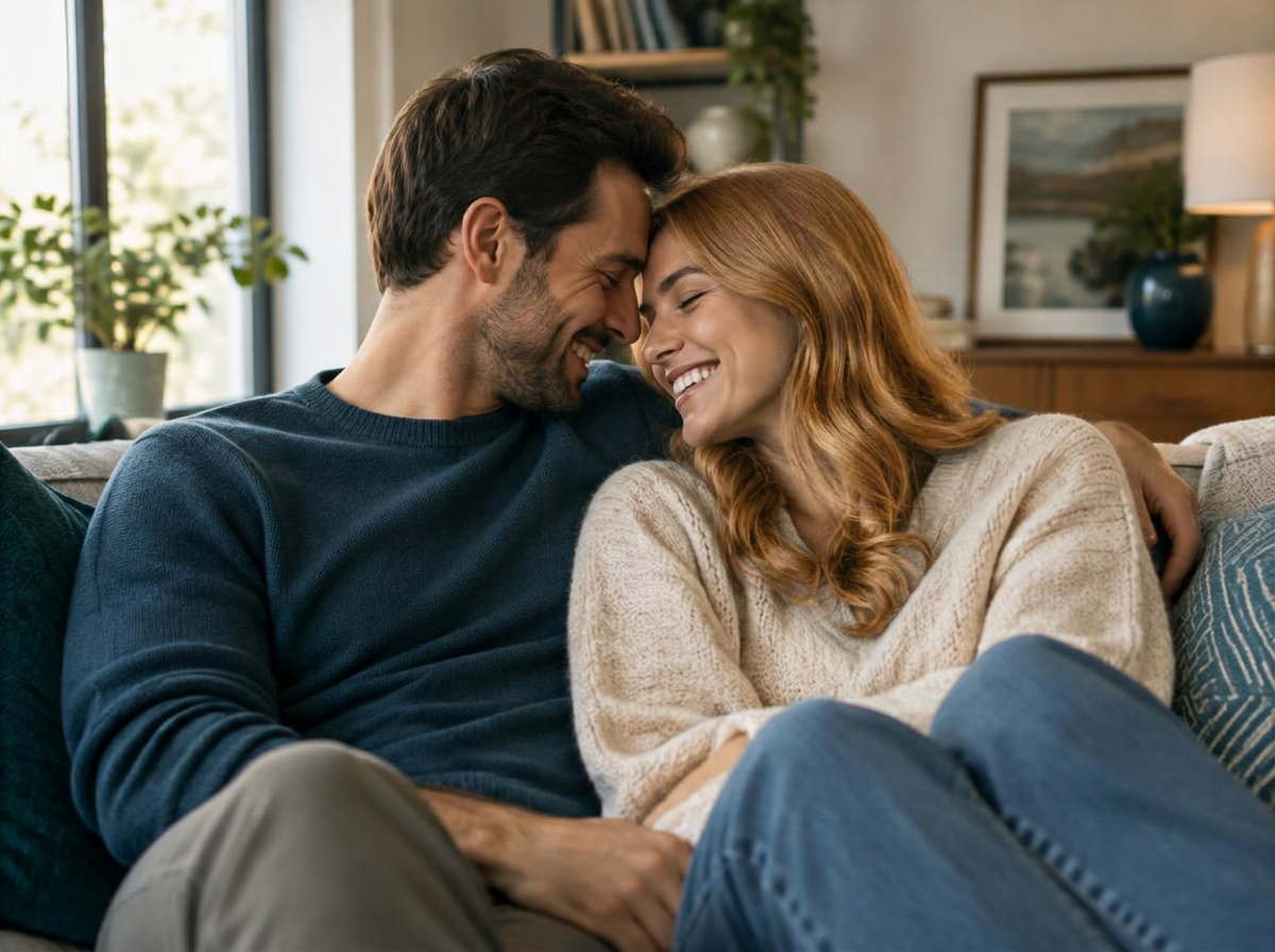 Couple relaxing together on a sofa at home