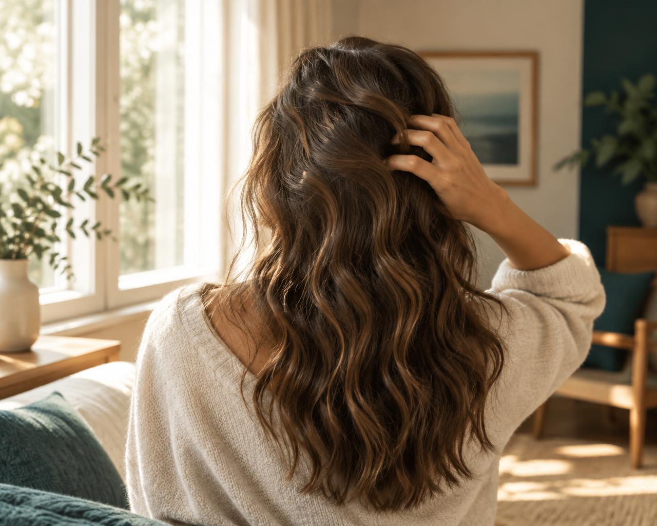 Person with long wavy hair relaxing by a sunlit window at home