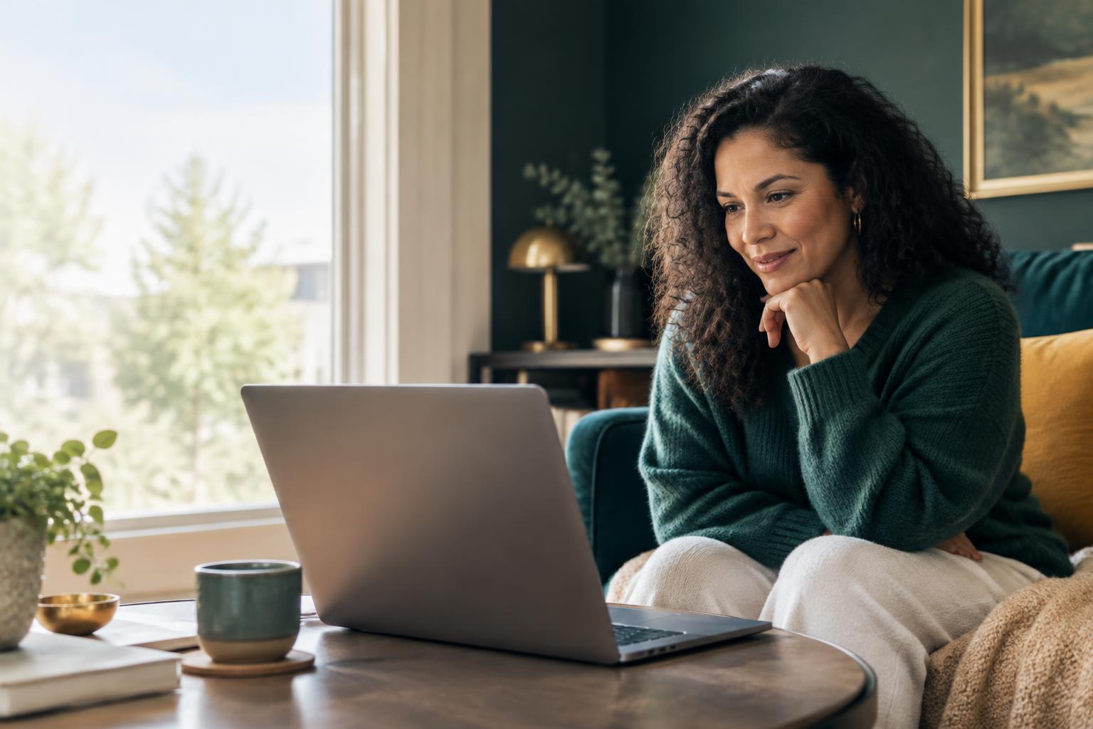 Woman using a laptop for private online care